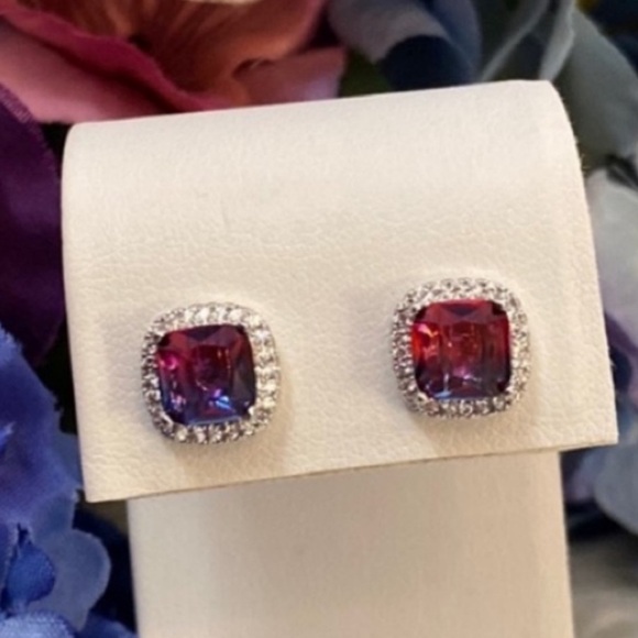 Pink and Purple Tourmaline Gemstone Stud Earrings W/Pave CZ Halo Setting NEW! - Picture 1 of 4